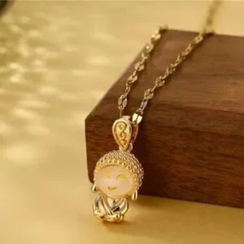 18K Gold Bohemian Buddha Pendant With Natural White Jade Face Necklace